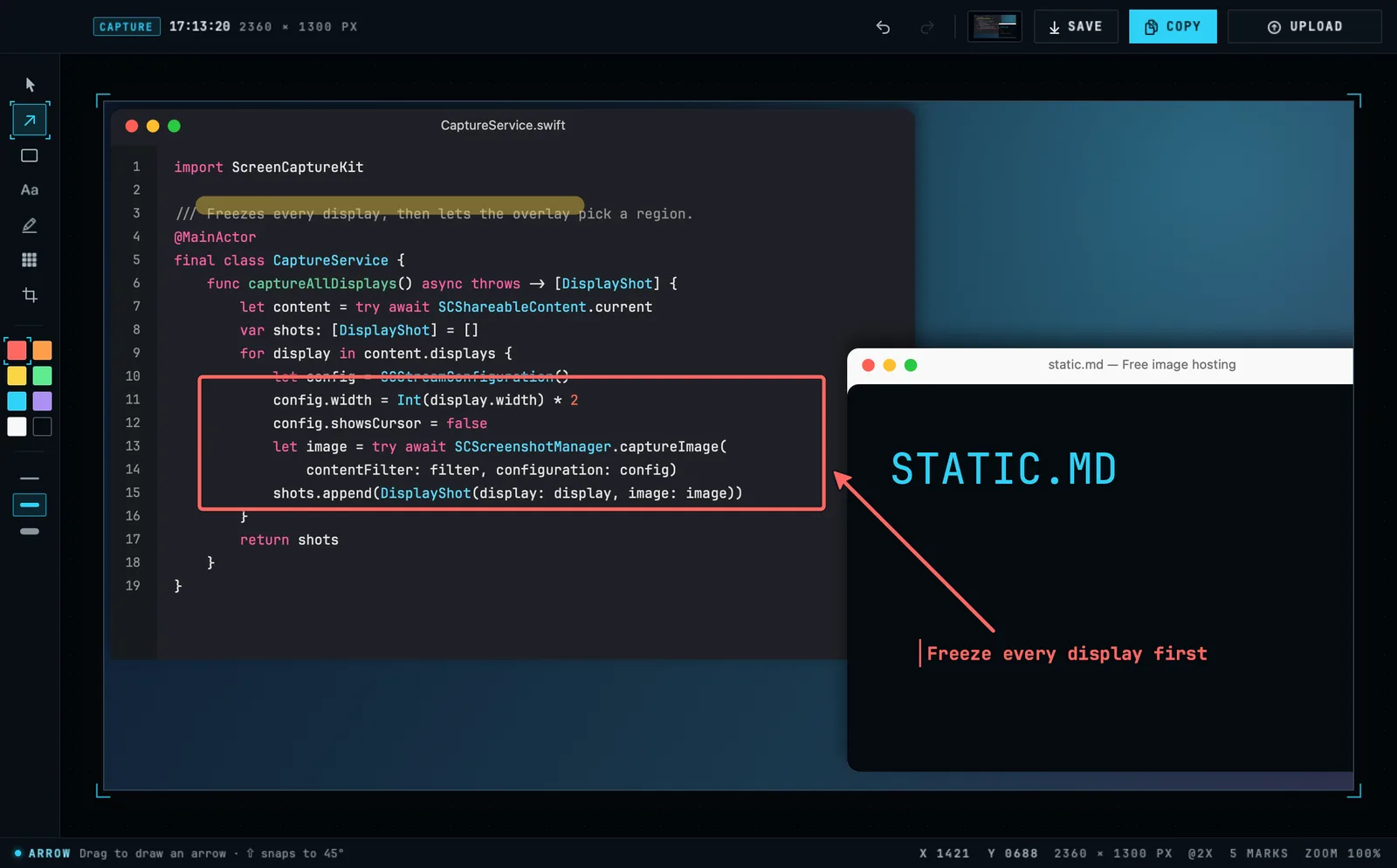 The StaticShot editor: a code screenshot marked up with a red box, a red arrow, a yellow highlight, a pixelated region and a text label, with the tool rail and colour palette on the left
