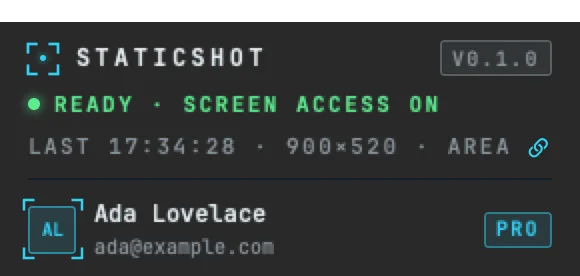 StaticShot’s menu bar menu: ready, screen access on, the last capture, and the signed-in account with a PRO badge