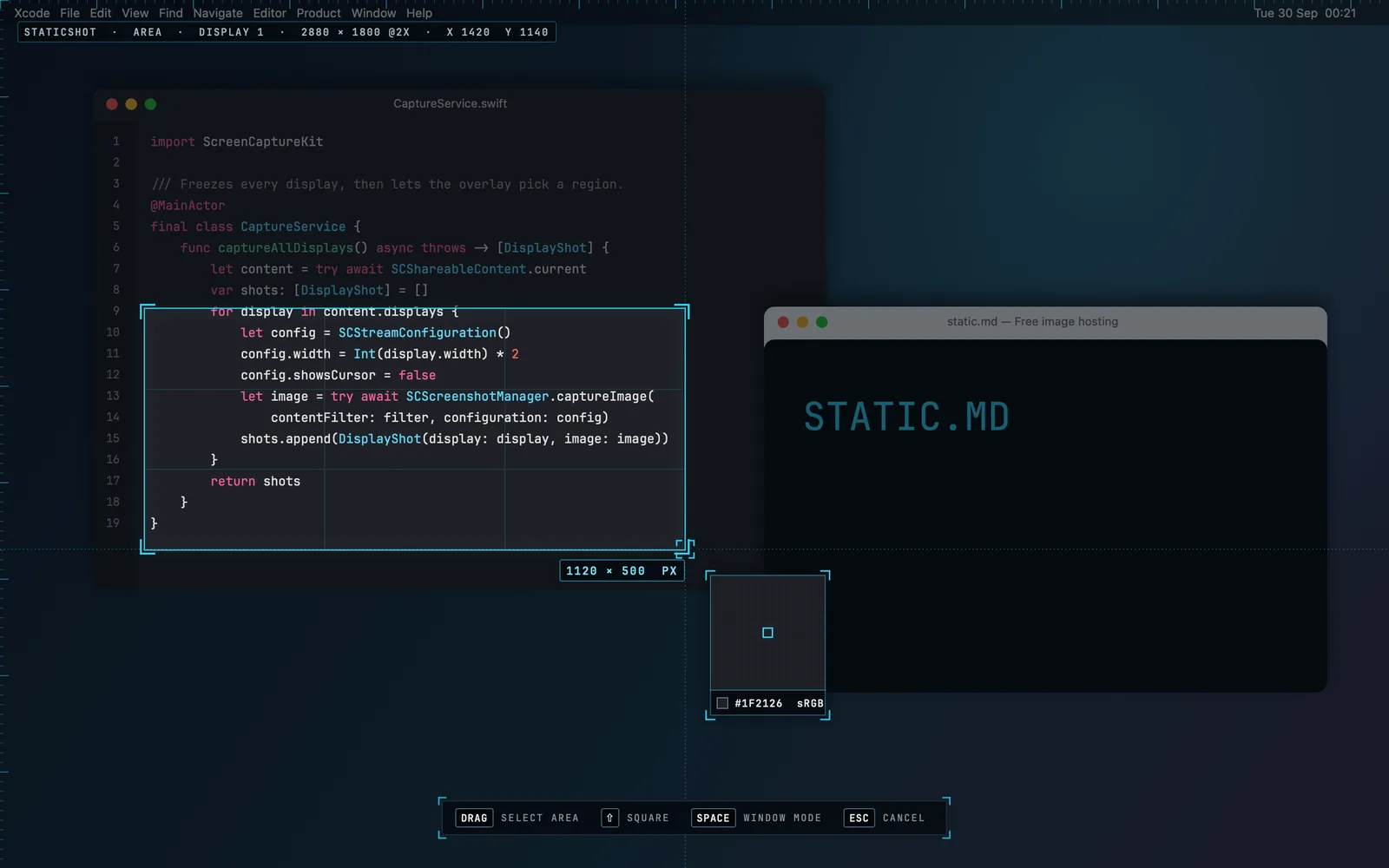 StaticShot area capture: a region of code selected on a dimmed, frozen screen, with rulers and a live 1120 × 500 px size readout