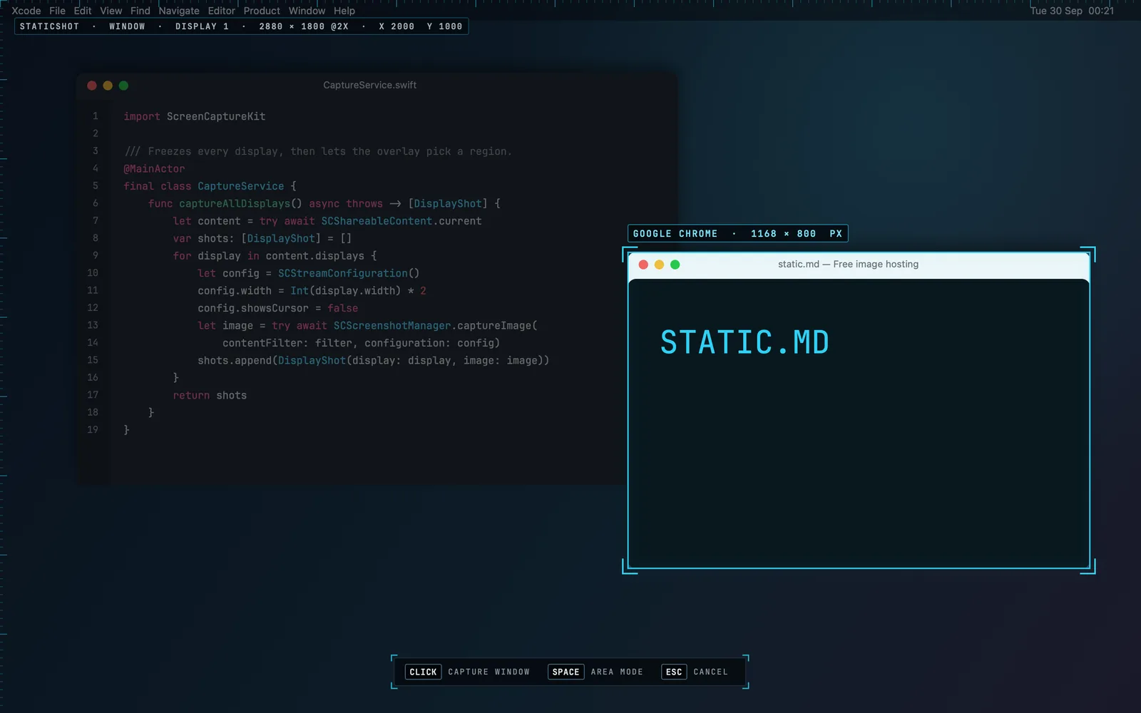 StaticShot window capture: the browser window highlighted with corner brackets and its size, the rest of the screen dimmed