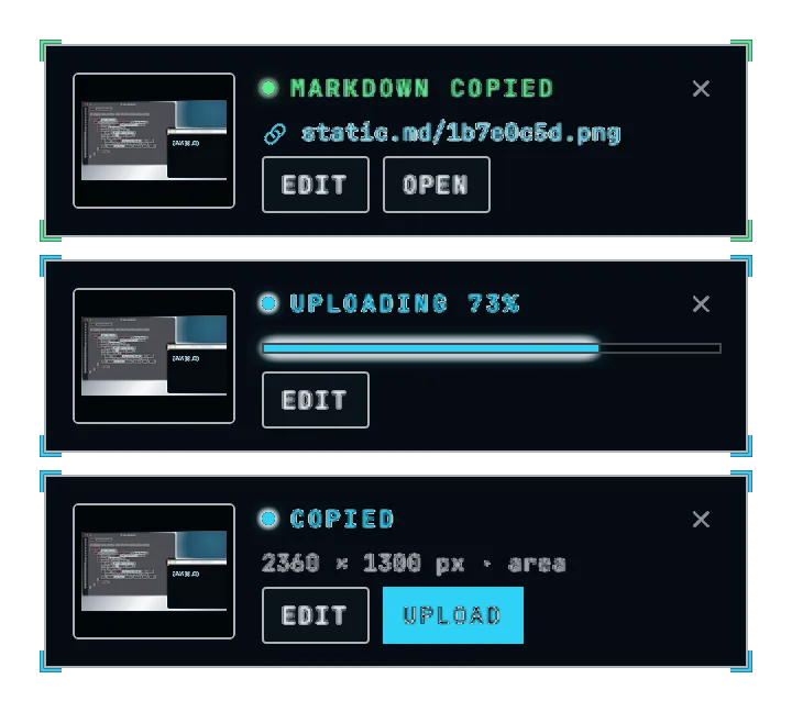Three stacked StaticShot panels: one copied with Edit and Upload buttons, one uploading at 73%, one done showing “Markdown copied” and its static.md link