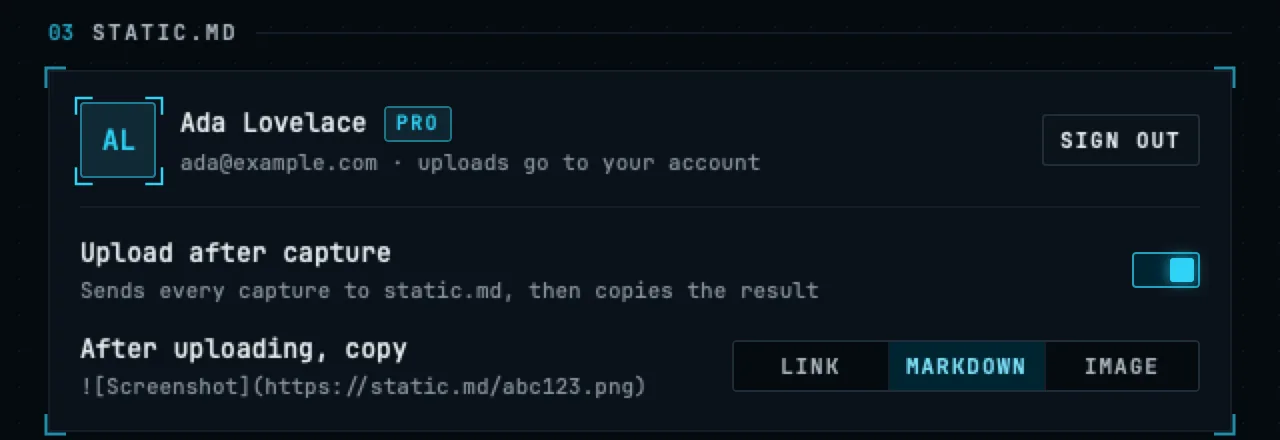 StaticShot settings, static.md section: signed in as Ada Lovelace with a PRO badge, Upload after capture turned on, and copy as Link, Markdown or Image